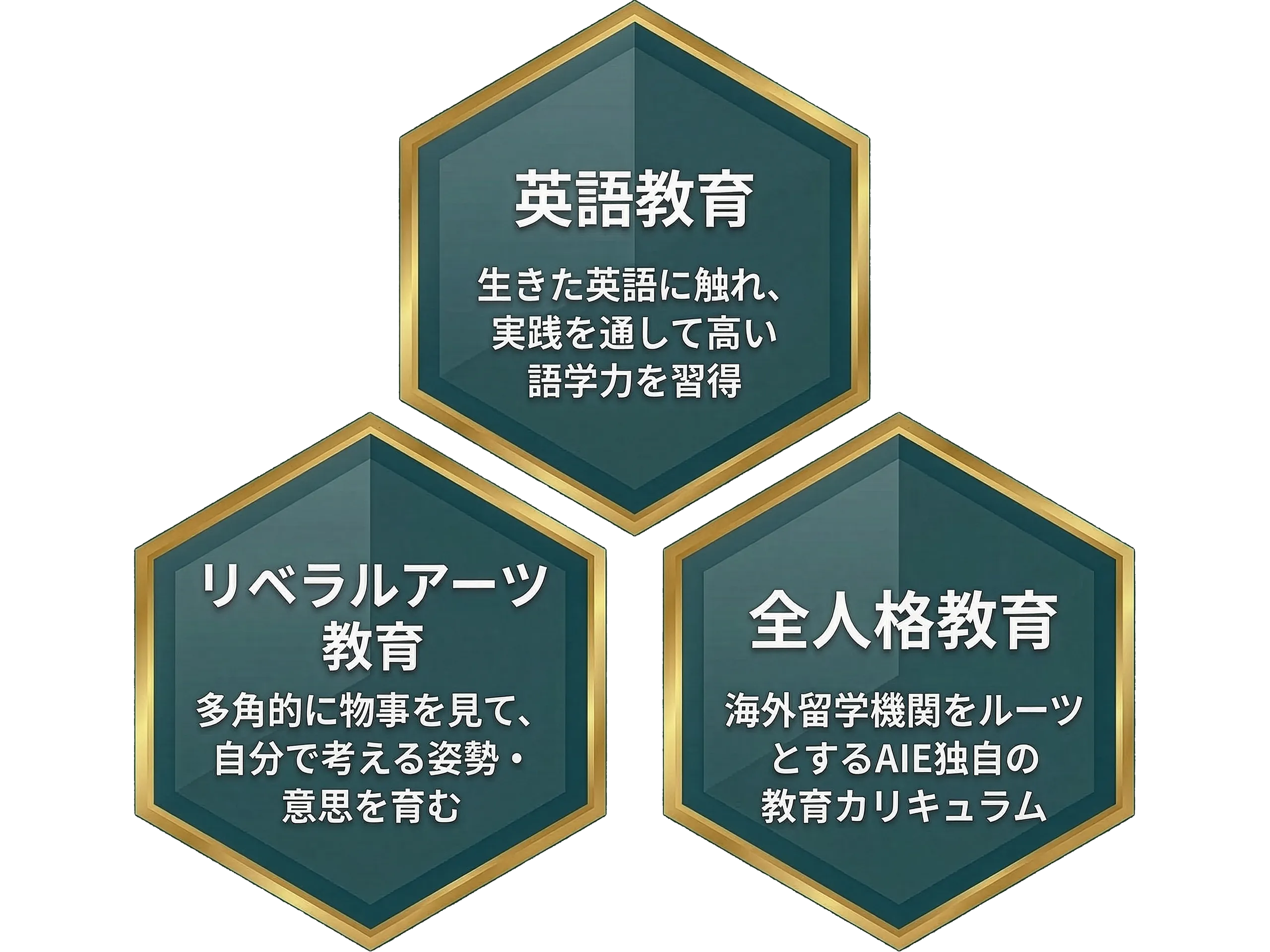 英語教育：生きた英語に触れ、実践を通して高い語学力を習得 | リベラルアーツ教育：多角的に物事を見て、自分で考える姿勢・意思を育む | 全人格教育：海外留学機関をルーツとするAIE独自の教育カリキュラム