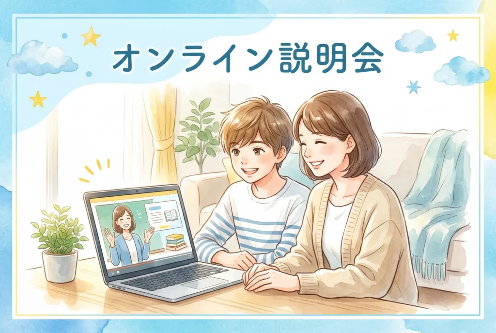 AIE国際高等学校 神戸キャンパスのオンライン説明会をパソコンで視聴する親子のイラスト。