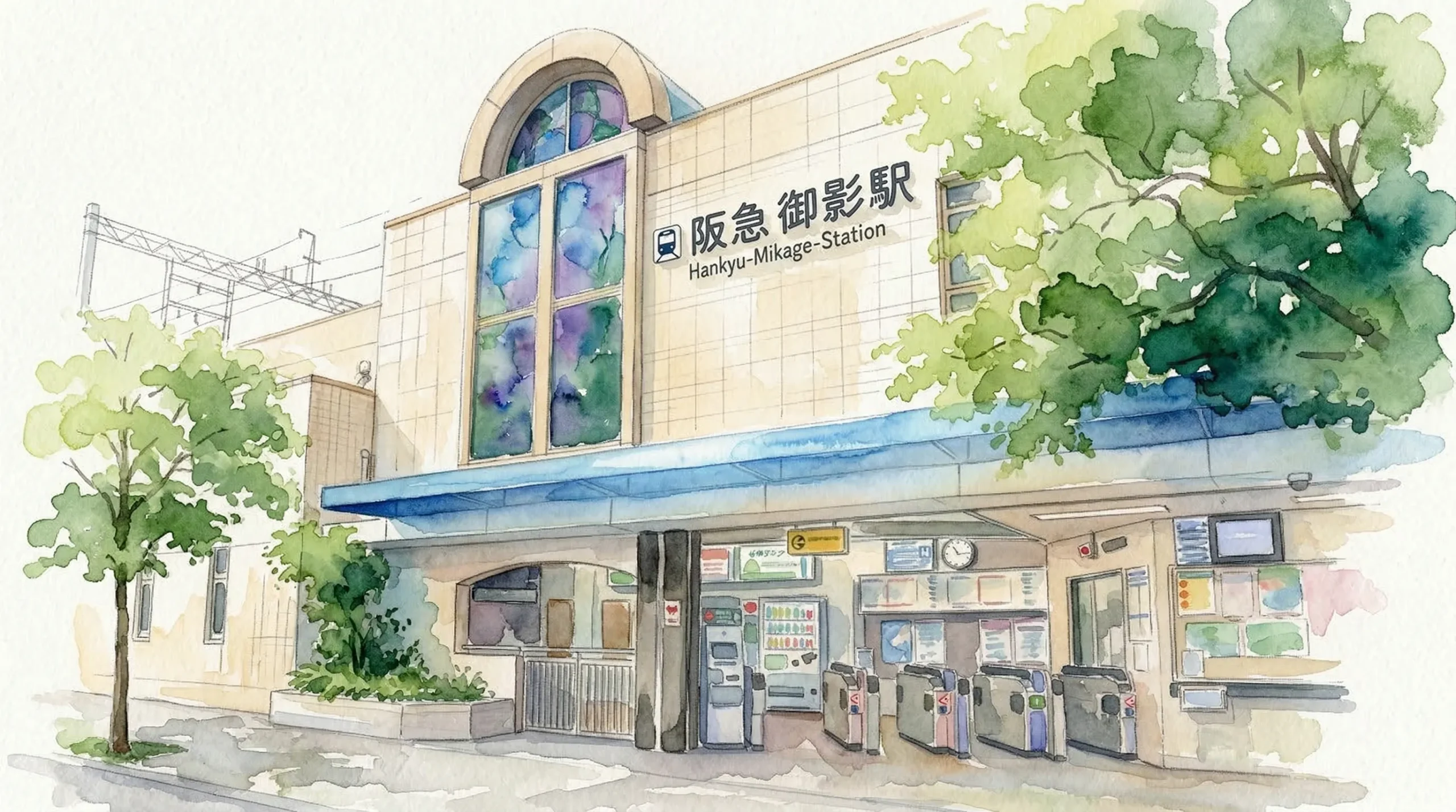 AIE国際高等学校神戸キャンパスの最寄り駅である阪急御影駅の駅舎と改札を描いた水彩画風のイラスト。